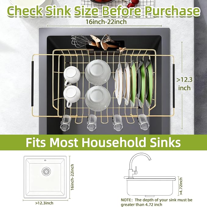 Golden Expandable Dish Drying Rack-Extra Large Stainless Steel Dish Drainer Over The Sink for Kitchen Countertop with Utensil Holder, Applicable for Sink Width 16'-22' (Gold,23.2'*12.2')