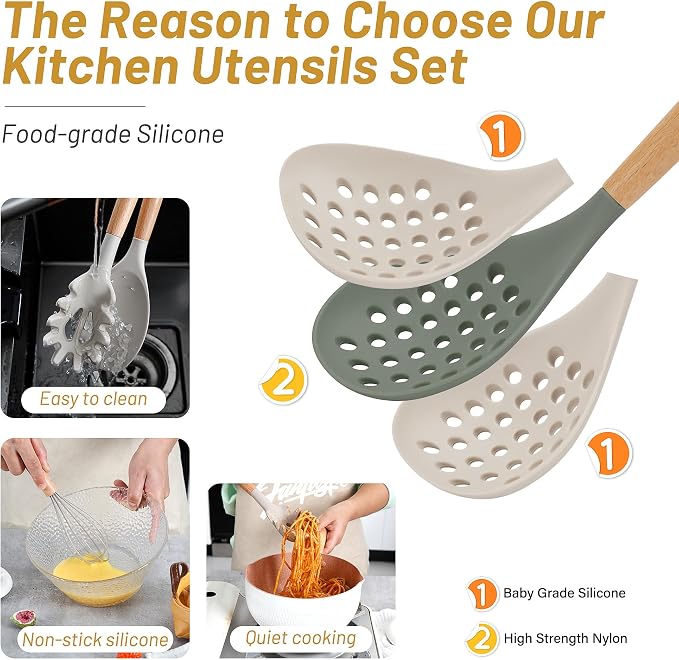 QMVESS Silicone Kitchen Utensils Set, 35 Pcs Non-Stick Cooking Utensils Set, Sturdy Insulation Wooden Handle Kitchen Accessories for Cooking with Spatula Set and Spoons Set Gadgets (Khaki)