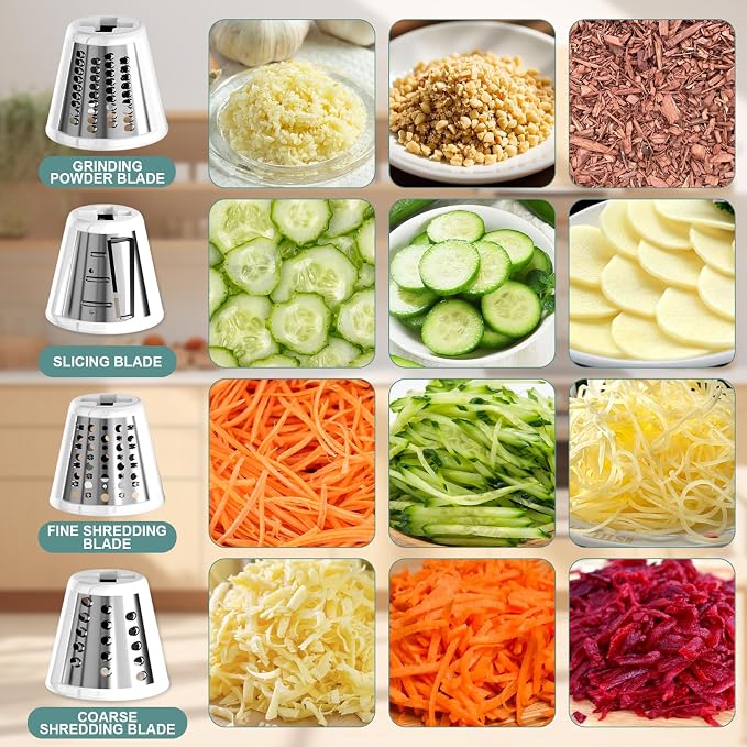 Slicer Shredder Attachment for KitchenAid Stand Mixer | Cheese Grater Attachment for Kitchenaid, Salad Maker, Grinding Powder, Dishwasher Safe with 4 Blades, White