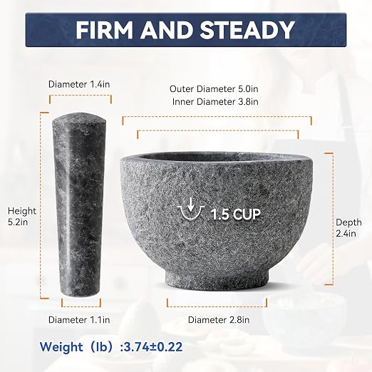 African Natural Granite Mortar and Pestle Set, Grinder Bowl for Guacamole, Salsa, Pill Crusher, Spice, Herb, Garlic, Nut, Heavy Duty Grinder for Kitchen (Sandblasted Finish)