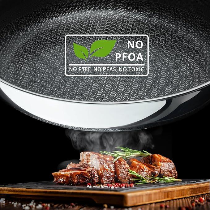 SAKAMOSH 8" 9.5" 11" Hybrid Nonstick Frying Pan Set, Stainless Steel | PFAS/PFOA/PTFE-Free Ceramic Pan, Dishwasher & Oven Safe, Skillet WithStay-Cool Handle, Compatible with All Cooktops