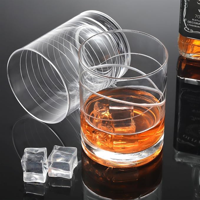 Joeyan Hand Blown Etched Whiskey Glasses,Old Fashioned Tumblers with Stripes Dots Pattern,Clear Carved Rocks Glasses,Scotch Bourbon Glassware for Party Anniversary,13.5 oz,Set of 4,Dishwasher Safe