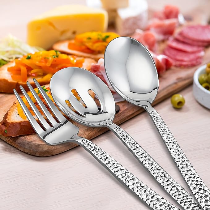E-far Hammered Serving Utensils, 6PCS Stainless Steel Hostess Serving Set | 8.7 Inch Square Cutlery, Metal Serving Spoon/Slotted Spoon, Fork for Party Buffet Catering, Mirror Finished & Dishwasher Safe