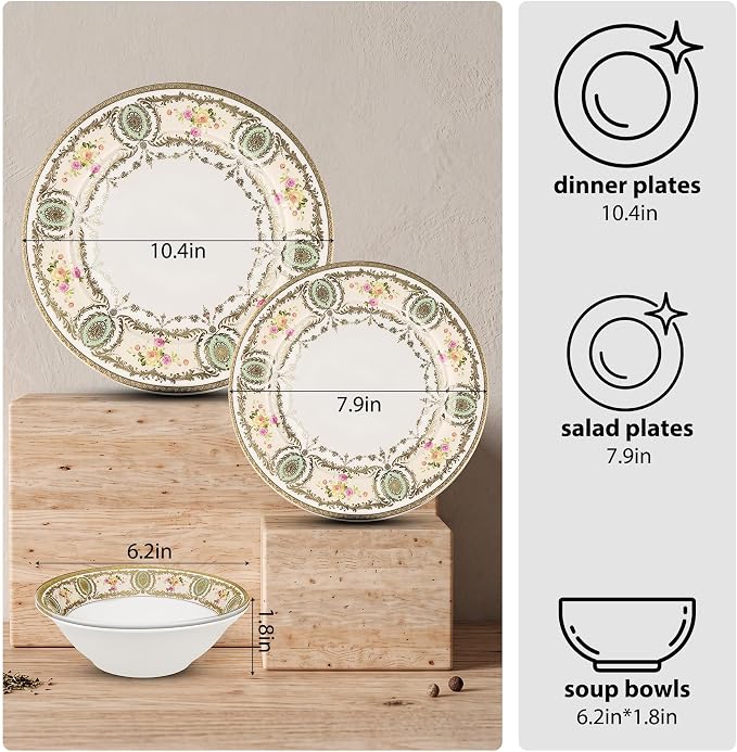 Dinnerware Set, 12 Piece Bone China Dinnerware Sets Service for 4, Plates and Bowls Set, Gold with Floral Trim