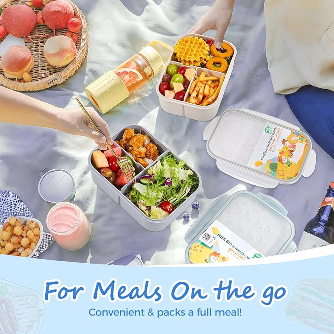 MISS BIG® Large Bento Lunch Box for Adults, 1900ml, 3 Compartments, Gray | Gray 1900ml adult bento lunch box for work meals, meal prep, office fridge, picnic, and travel.