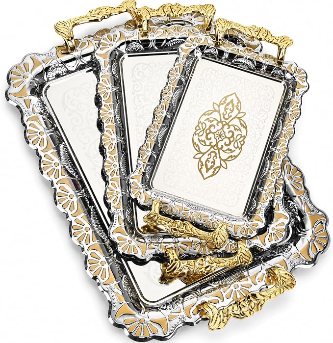 3 Pack Metal Serving Trays with Handles, Decorative Floral Platter Trays for Coffee Tea, Food, Dessert, Jewelry, for Buffet Wedding Party Kitchen Home Decor(Classic,Silver, Gold)
