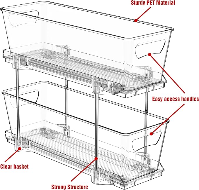 Simple Houseware 2 Tier Narrow Drawer Cabinet Pull-Out Organizer, Clear