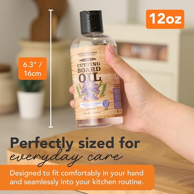 CLARK's Cutting Board Oil 12 oz, Food Grade Mineral Oil with Lavender Scent | Mineral Oil for Wood Cutting Boards, Butcher Blocks, Utensils, Lubricant for Knives. Soak for 2-3 Hours for Optimal Finish