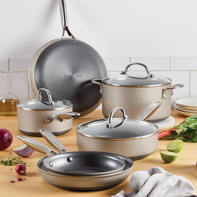 Anolon Achieve Hard Anodized Nonstick Cookware Pots and Pans Set, 9 Piece - Silver