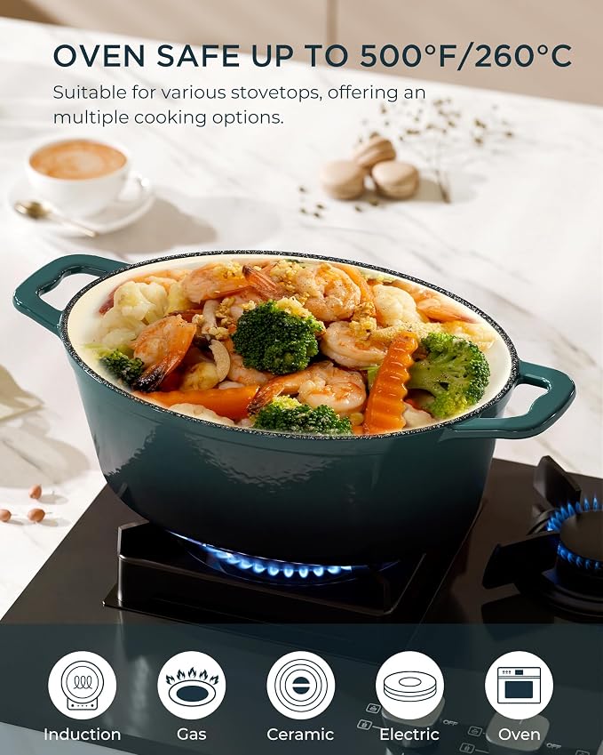 Enameled Cast Iron Dutch Oven - 9.3QT Dutch Oven Pot with Lid & Cotton Potholders - Heavy-Duty Non Stick Casserole Pot for Braising, Stews, Roasting, Baking, Suitable for All Stovetops, Bottle Green