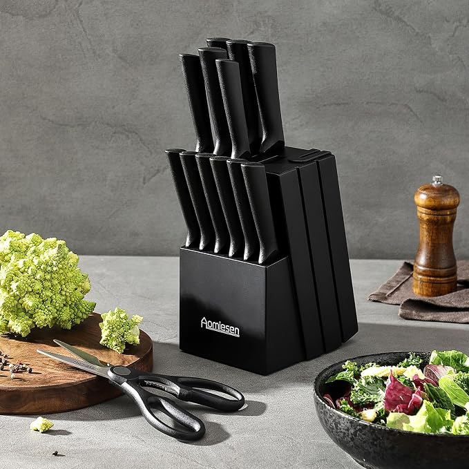 Stainless Steel Knife Set, Knife Block Sets with Built-in Sharpener,15-Piece Block Set with Block and Ergonomic Handles