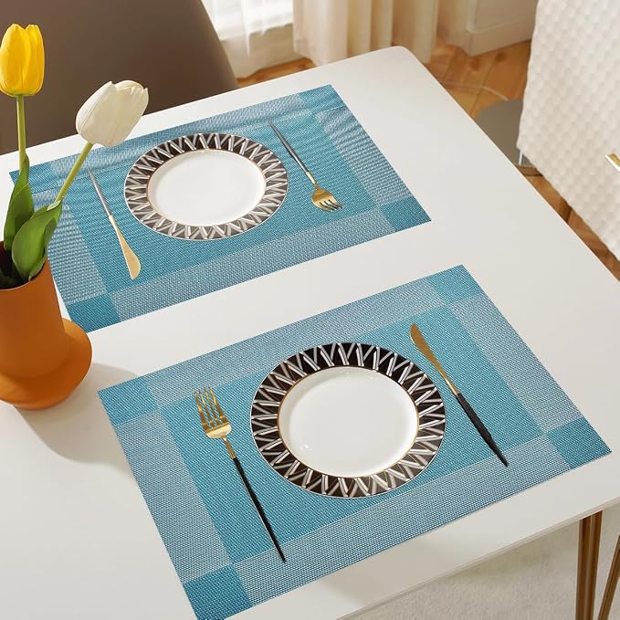 Vinyl Placemats Heat-Resistant Table Mats Washable Easy Clean Plastic Placemat for Kitchen Dining Table Set of 6 Indoor Outdoor (Baby Blue)