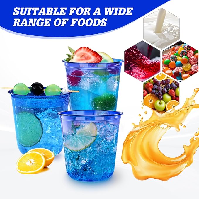 KesaPlan 100Pcs 12oz Blue Plastic Party Cups, Disposable Wine Cocktail Cups | Cute Crystal Wine Stemless Glasses, Round Bottom PET Cold Drink Cups for Wedding Birthday Meeting Christmas Baby Shower Party