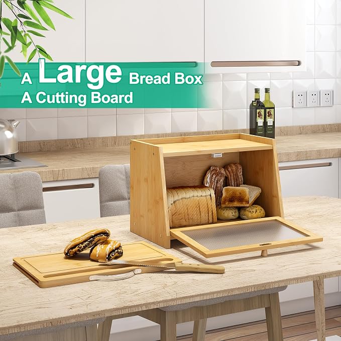 kiplant Bread Box with Cutting Board, Bamboo Bread Box for Kitchen Counter, Bread Storage Container with Wavy Arcylic Transparent Door (Natural)