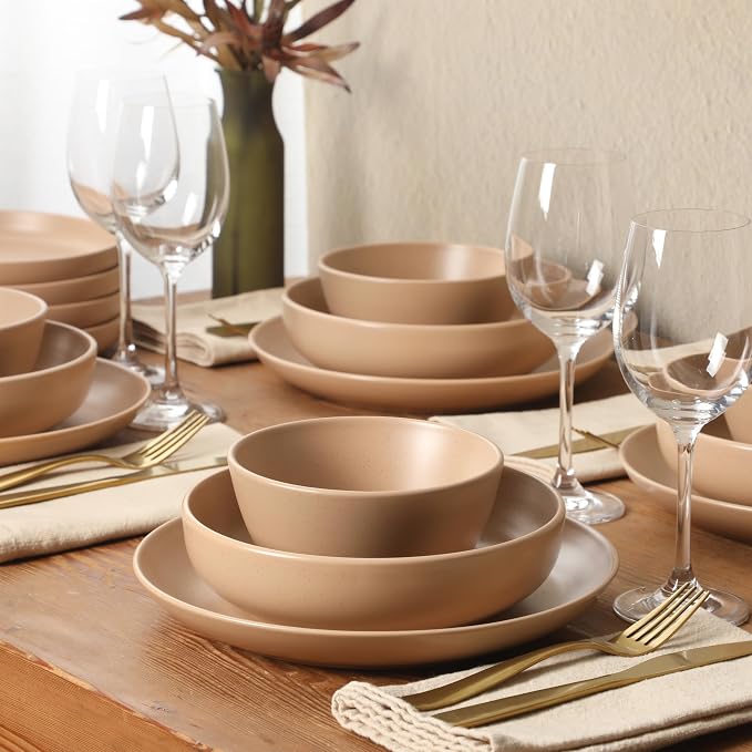 Gibson Elite Leeds Court Plates and Bowls Sets, 16-Piece Stoneware Dinnerware Sets, Terracotta, Round Speckle Reactive Glaze Dish Set