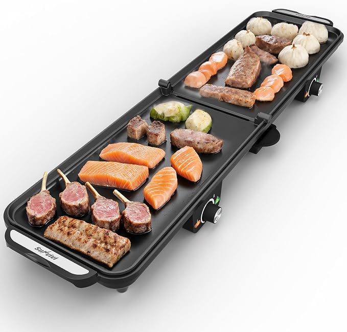 Sunvivi 38'' Extra Large Electric Griddle - Foldable Grill Nonstick Plate | with 2 Adjustable Temp Knobs & Drip Tray,Easy to Clean,1600W for Indoor/Outdoor Teppanyaki BBQ