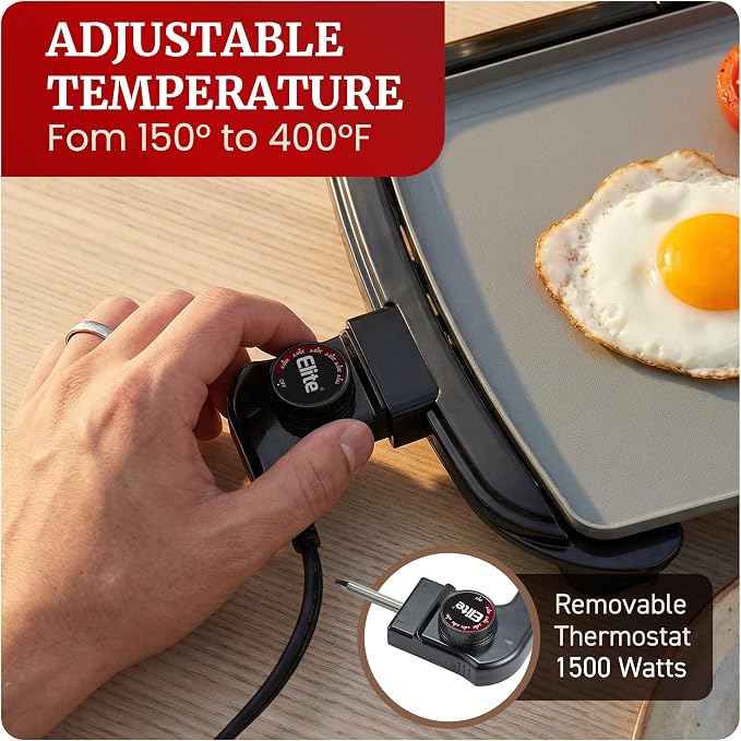 Elite Gourmet Electric Griddle, Ceralast Non-Stick, 10"x20" Black/Grey | PFAS-Free Ceramic, Cool-Touch Handles, Removable/Adjustable Thermostat, Easy-Clean Grease Tray, Great for Pancakes