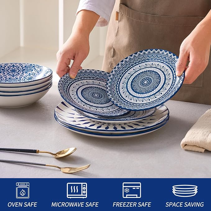 Bestone Porcelain Dinnerware Sets Service for 4, 12 pcs Hand drawn Plates and Bowls Sets, Handmade Ceramic Dish Set, Chip Resistant Modern Plate Set, Dishwasher/Microwave Safe，Vintage Blue