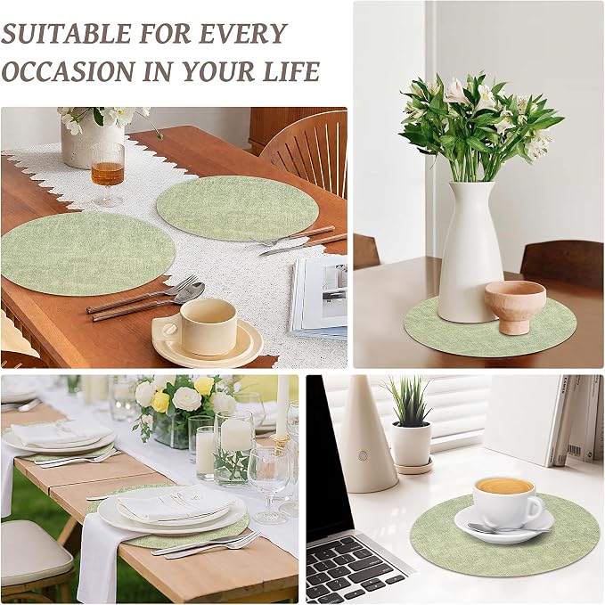 13" Round Placemats Set of 4, Reversible Faux Leather Wipeable Table Mats | 2mm Vinyl Heat Resistant Waterproof Oilproof Scratch Proof Non-Slip, Washable for Kitchen Dining Indoor Outdoor (Light Green)