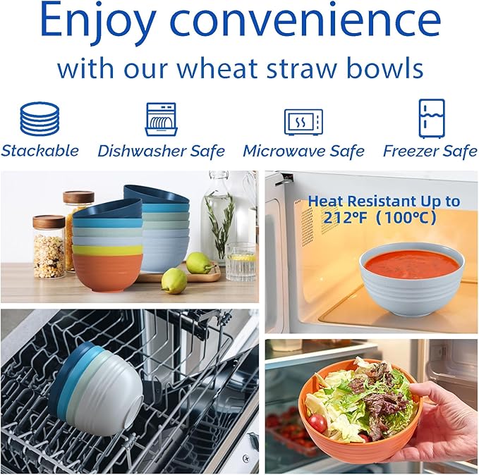 24 OZ Wheat Straw Cereal Bowls Set of 8, Unbreakable & Reusable Bowls, BPA Free Eco Friendly, Microwave & Dishwasher Safe, Multi Color Bowls for Ramen, Soup, Salad