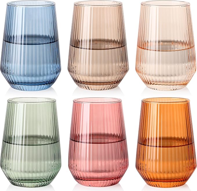 Colored Stemless Wine Glasses Set of 6, 14 Oz Lead-Free Ribbed Drinking Glass Cup for Wine, Cocktails, Champagne and Whiskey, Ideal Gifts for Weddings, Bars, Christmas, Halloween,Party, Daily Use
