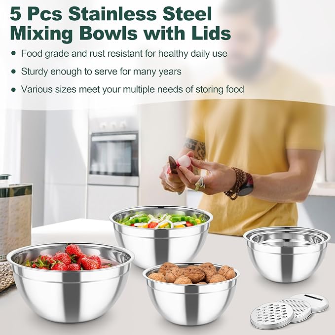 TeamFar Mixing Bowls, Stainless Steel Salad Serving Bowl with Clear Lids | with 3 Graters, For Kitchen Cooking Prepping Storing, Size 4.6/2.6/1.5/1/0.7 QT, Nesting & Airtight, Set of 5 & Black