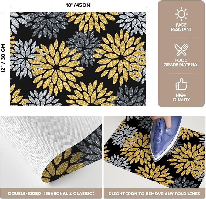 Artoid Mode Floral Vinyl Placemats Set of 4, 12x18 Inch New Year Washable Non-Slip Plastic Vinyl Place Mats for Party Kitchen Dining Decor, Yellow Black
