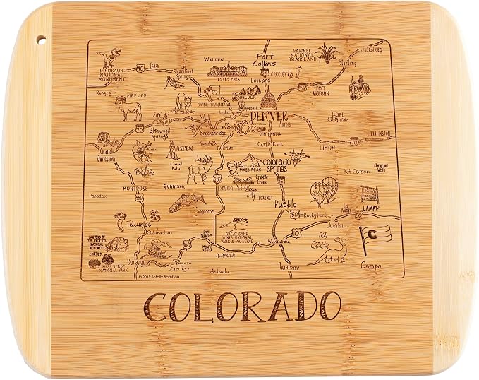 Totally Bamboo A Slice of Life Colorado Engraved Map Cutting Board | 11” x 8.75” charcuterie board with engraved state map artwork. Smooth reverse side for food prep. Hang tie for wall display.