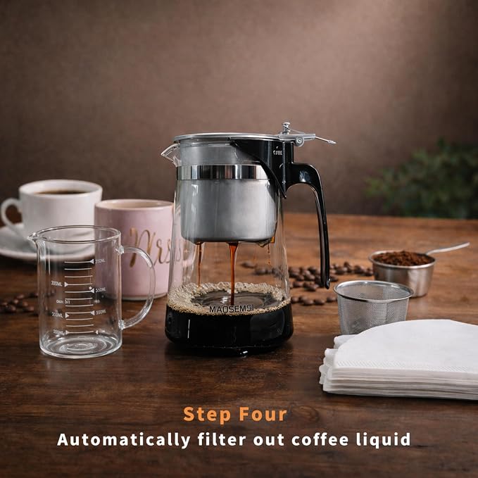 Pour Over Coffee Maker Set, 304 Stainless Steel Coffee Dripper with On/Off Switch, Borosilicate Glass Small Coffee Pot, 50 Filter Papers, Multi-Functional Immersion Drip Cafe Brewer Machine (1, 250ml)