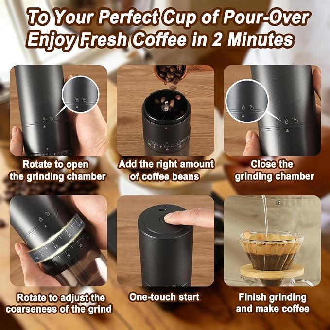 Portable Electric Burr Coffee Grinder, Rechargeable Espresso Grinder | Stainless Steel Coffee Bean Mill and Conical Mill 38 Adjustable Settings One-Button Operation for Travel Camping Office Home