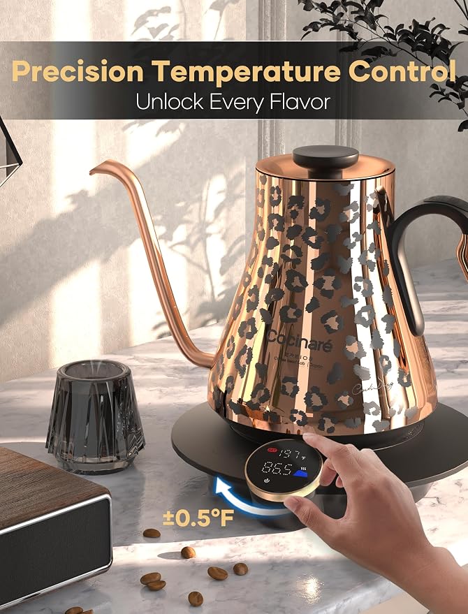 Cocinare Artisan Collection Gooseneck Electric Kettle, ±0.5°F Temperature Control for Pour Over Coffee & Tea, 1500W Fast Heating, Stainless Steel Interior, 0.9L, Wild Gold Design