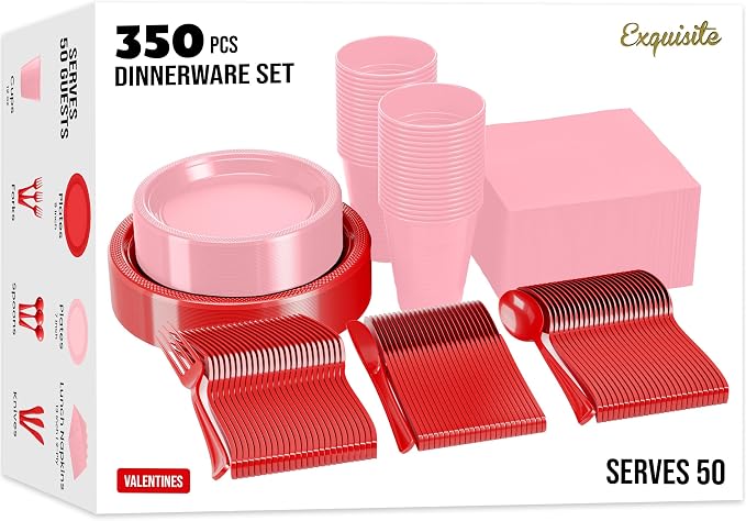 Party Solids 350 Pieces Valentines Plastic Plates For Party, Valentines Disposable Plates Set, 50 Of Each 9" Dinner Plate Set, 7" Dessert Plate, Cups, Napkins & Cutlery Plastic Dinnerware Set