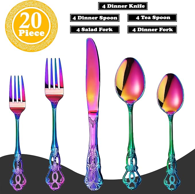 Runfly Gorgeous Retro Royal Rainbow Stainless Steel 20-Piece Flatware Set | Silverware Set for 4, Anti-rust Cutlery Set Utensils Kitchen Including Fork Spoon and Knife