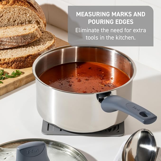 T-fal Essentials Stainless Steel Cookware Set 12 Piece, Induction Compatible, Oven Safe 350F, Cooking Set w/Stewpots, Stockpot, Saucepan, Lids & Tools, Measuring Marks, Dishwasher Safe, Silver/Blue