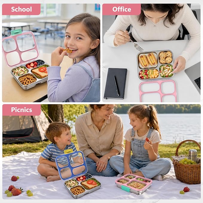 HOMEKOL Stainless Steel Bento Lunch Box, 4 Cups, Pink | 4-Compartment Leak-Proof Metal Lunch Container for Kids & Adults, BPA/BPS-Free, Dishwasher Safe, Clear Lid, (Not Insulated)