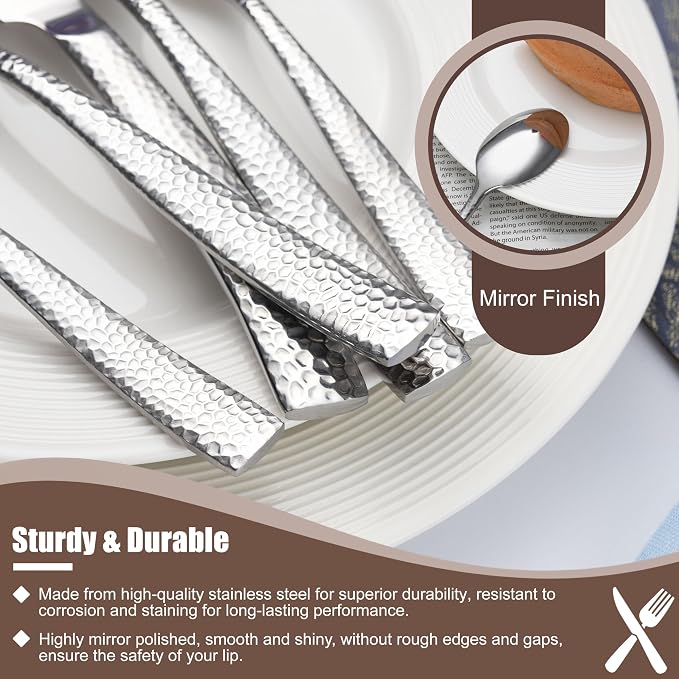 20 Piece Hammered Silverware Set, Food Grade Stainless Steel Flatware Set | Hammered Cutlery Set, Service for 4, Heavy Duty, Dishwasher Safe, Mirror Polished, Home, Party, Wedding
