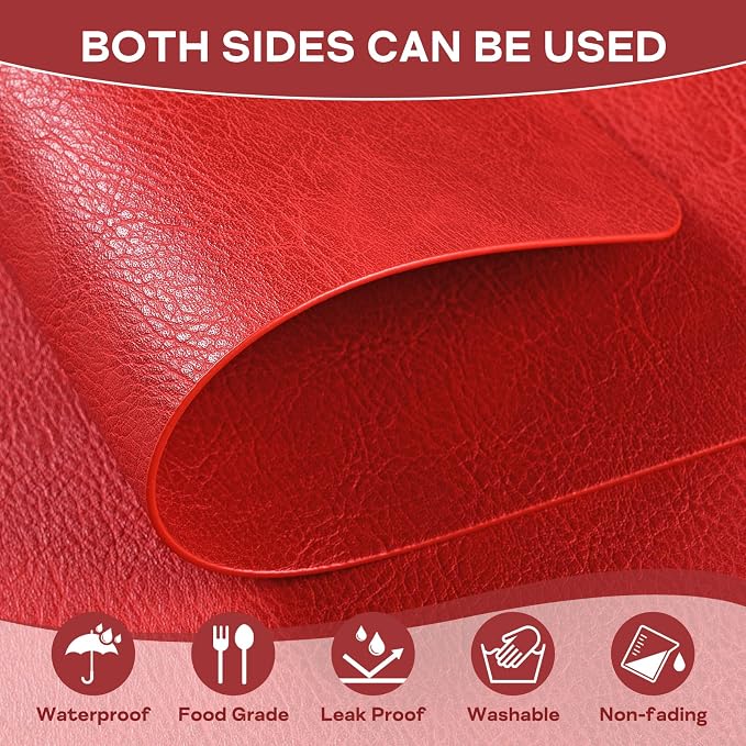 Faux Leather Placemats Set of 6 Heat Resistant Table Mats 17×12 Inch | Waterproof & Wipeable Place Mats Set of 6 Dual Sided Table Placemats for Kitchen Dining Decor Indoor & Outdoor 43×30 CM Red