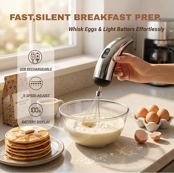 Mini Cordless Hand Mixer, 5-Speed Electric Whisk with Digital Display, USB-C Rechargeable & Silent, Portable for Drinks, Breakfast & Baking(Black)