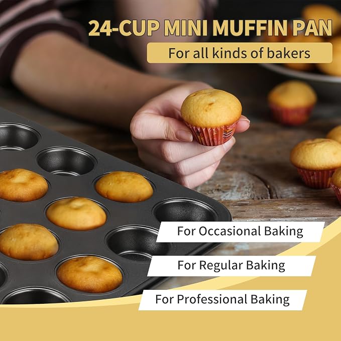 TeamFar Mini Muffin Pan, 24-Cup Non-Stick Cupcake Tray Tin for Baking | Carbon Steel Small Cup Cake Bakeware for Bite-Sized Cheesecake Tart Quiches, Even Baking & Effortless Release & Easy Clean