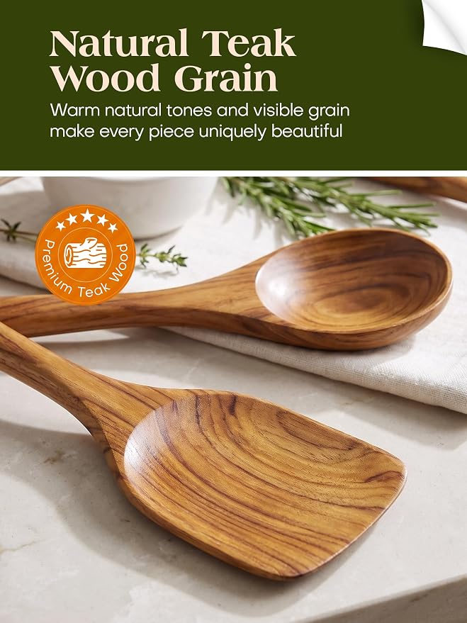 10Pcs Wooden Kitchen Utensils, Teak Wood Utensil Set for Kitchen, Heat-resistant Wooden Spoons for Cooking, Nonstick Wood Spatula Soup Ladle Tong Egg Whisk