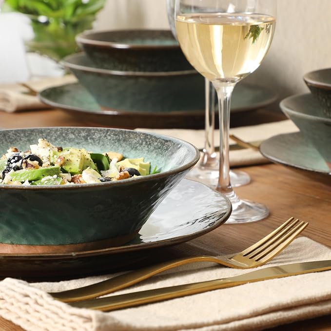 Gibson Elite Green Lantern Service for 4 (16 Piece) Double Bowl Dinnerware Set, Teal, Soft Gray, Dinnerware Set