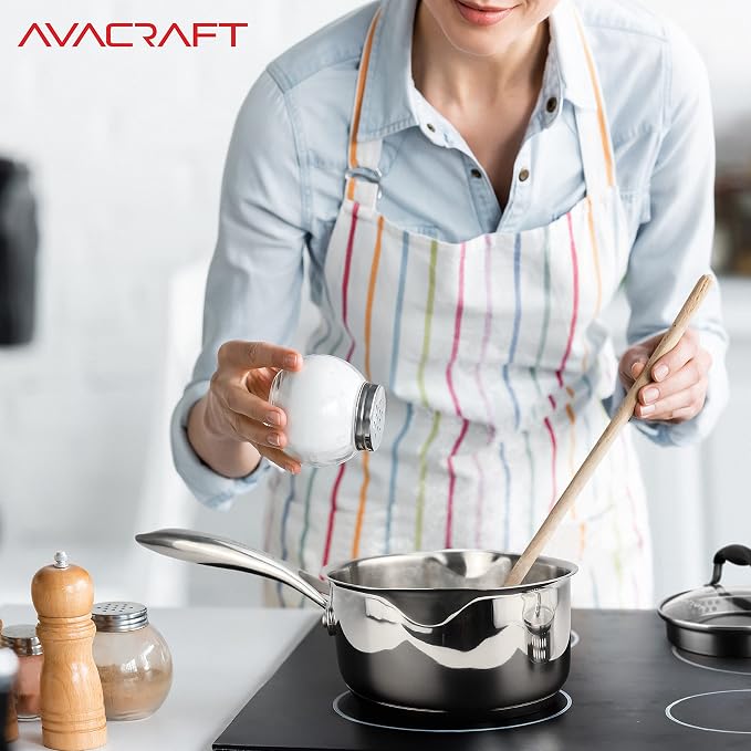 AVACRAFT 1.5 Quart Stainless Steel Saucepan with Glass Strainer Lid | 18/10 Stainless Steel, 5-Layer Capsule Base, Pour Spouts, Ergonomic Handle, Induction Compatible, Oven Safe, Dishwasher Safe