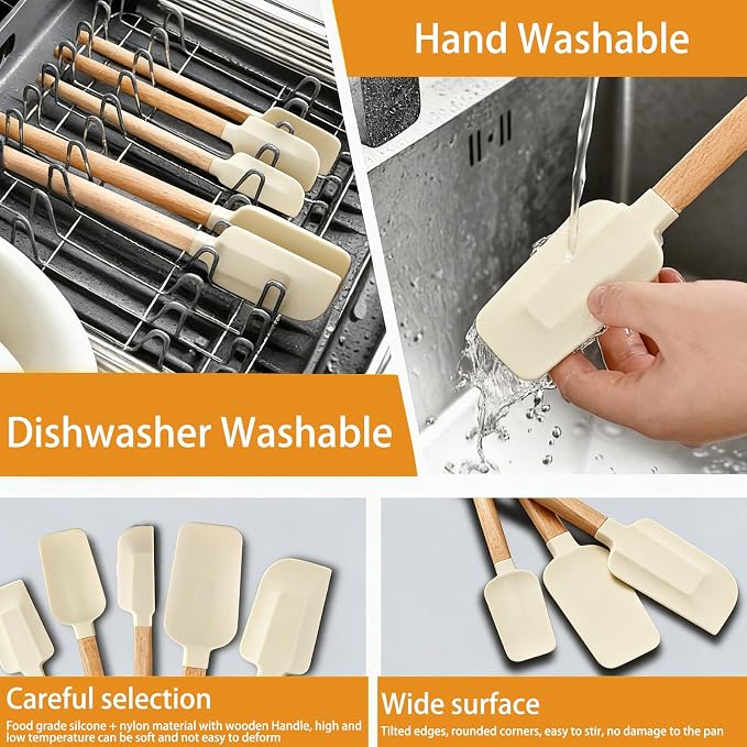 7 Piece Silicone Spatula Set, Food Grade Rubber Spatula Set with Wooden Handle, Heat Resistant Up to 600°F, Silicone Utensils Set for Baking, Cooking & Mixing, Jar, Non-Stick Kitchen Utensils