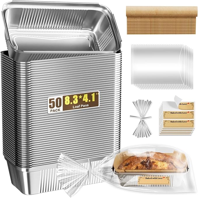 Gyreuni 50 Pack Disposable Loaf Pans with Bread Bags,8.3" X 4.1" X 2.2" | Heavy-duty foil pans fit up to 2.4 lb,Ideal for baking bread, banana bread, meatloaf, pound cake, and other homemade treats.