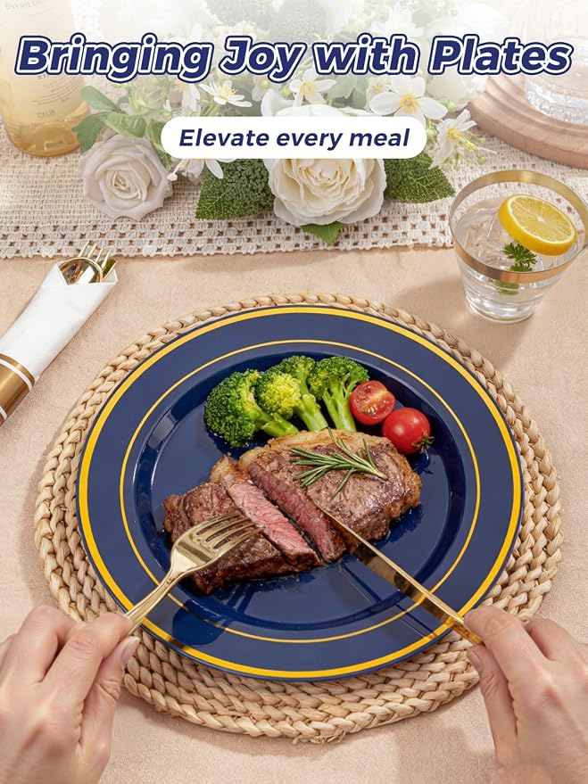 350PCS Navy Blue and Gold Plastic Plates with Rolled Napkins Include Dinner Plate 10’’, Dessert Plate 7’’, gold Cups 9 OZ, Pre Rolled Napkins for Birthday/Wedding/Party
