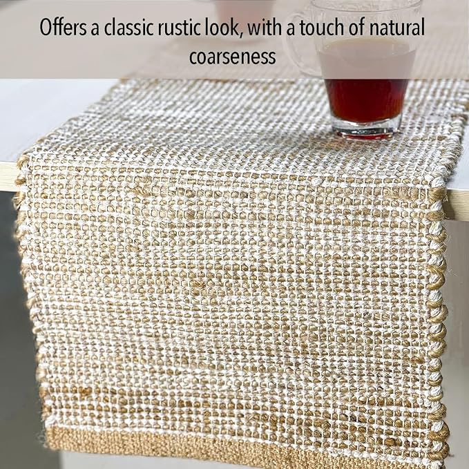 Natural Jute Table Runner 13x108 Inch – Vintage Boho Rustic Table Decor – Handwoven Long Table Runner in Natural Jute and Ivory – Farmhouse Dining or Console Table Accent