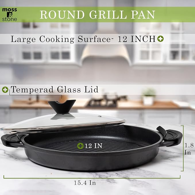Moss & Stone 12" Grill Pan for Indoor Cooking, Nonstick Pan with Glass Lid | Aluminum Griddle Pan for Stove Top & Induction, Glass Lid, Silicone Handles, Dishwasher & Oven Safe, PFOA Free