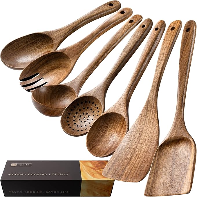 Wooden Spoons for Cooking, 7-Piece Acacia Wood Cooking Utensil Set | Spoons and spatulas stir, mix, flip and serve; balanced handles offer control while staying gentle on nonstick cookware.
