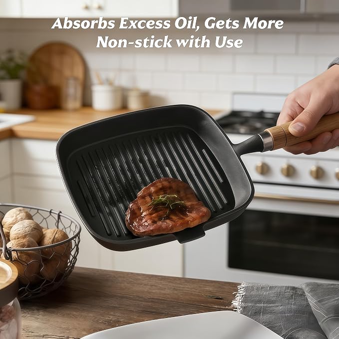 Cast Iron Grill Pan 9 Inch Griddle Pan Skillet with Kitchen Tong & Brush for Steak Searing