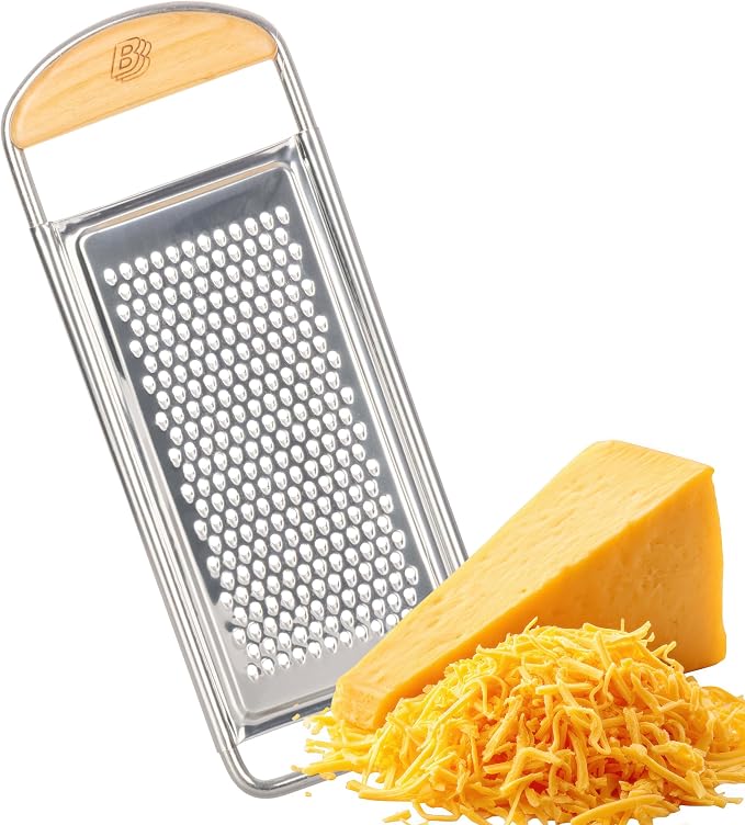 Kings County Tools Cheese Grater Handheld, Italian Made Kitchen Gadgets | Stainless Steel Flat Food Grater with Cherrywood Handle - Fine Shredder Kitchen for Hard Cheese, Spices, and Zesting